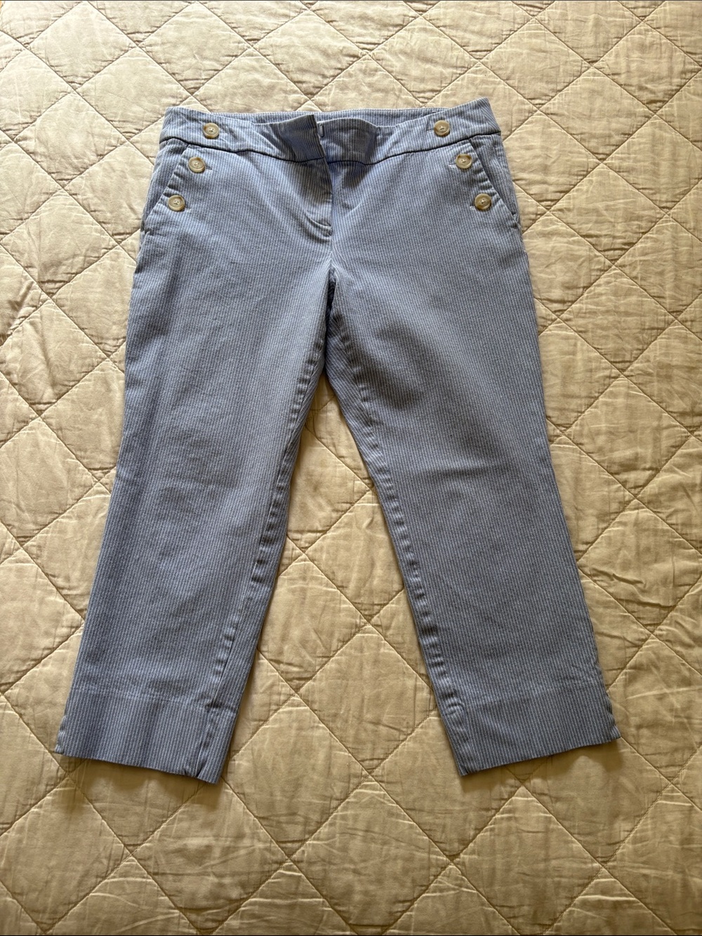 Loft Marisa Blue Pinstripe Button-Accent Capri Pants